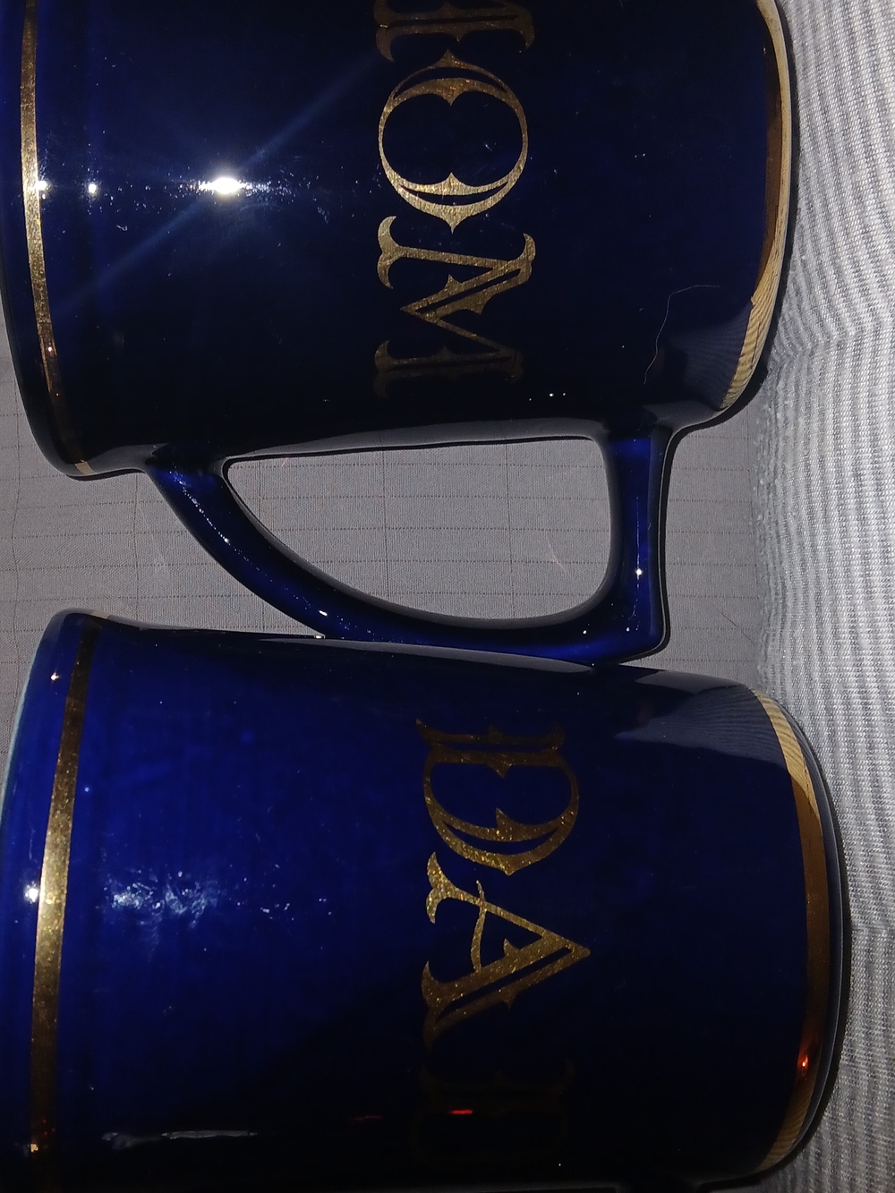 Deep Cobalt Blue Gold-Trim Ceramic Mug Set. Mothers Day And Fathers Day Soon.